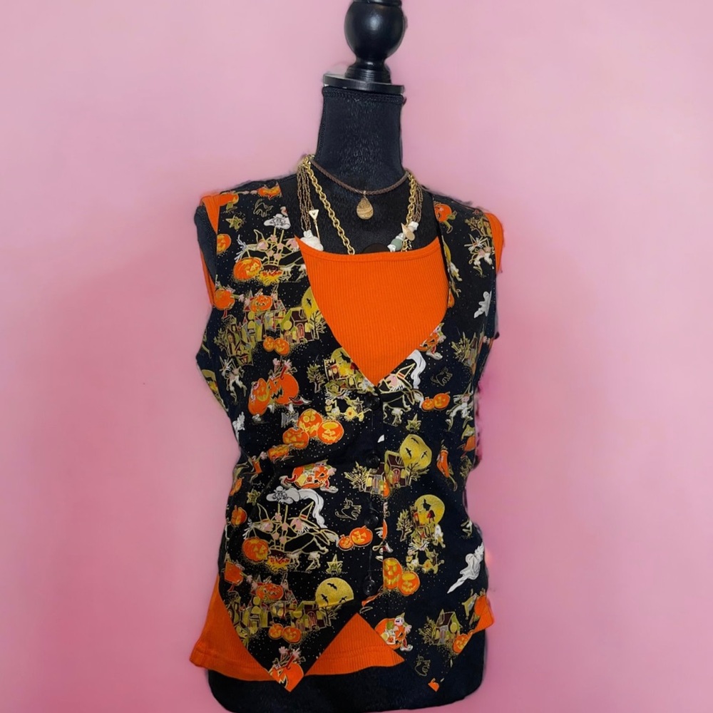 Vtg 80s Basic Editions Halloween Novelty Vest Pumpkins Ghosts Witches W Size M